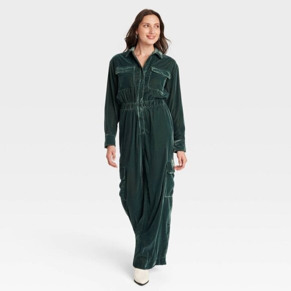 Universal Thread Pants - Women's Long Sleeve Velvet Cargo Jumpsuit - Universal Thread Green 6
